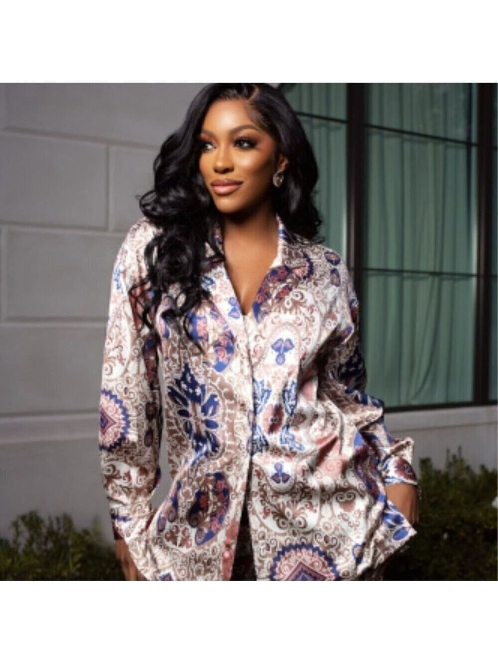 NWT The Drop Porsha Williams Shirt Womens L Baroque Scarf Print Statement Blouse